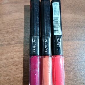 L'Oreal Lipstick Trio - Plum, Coral, Scarlet.  Lipstick And Lip Gloss